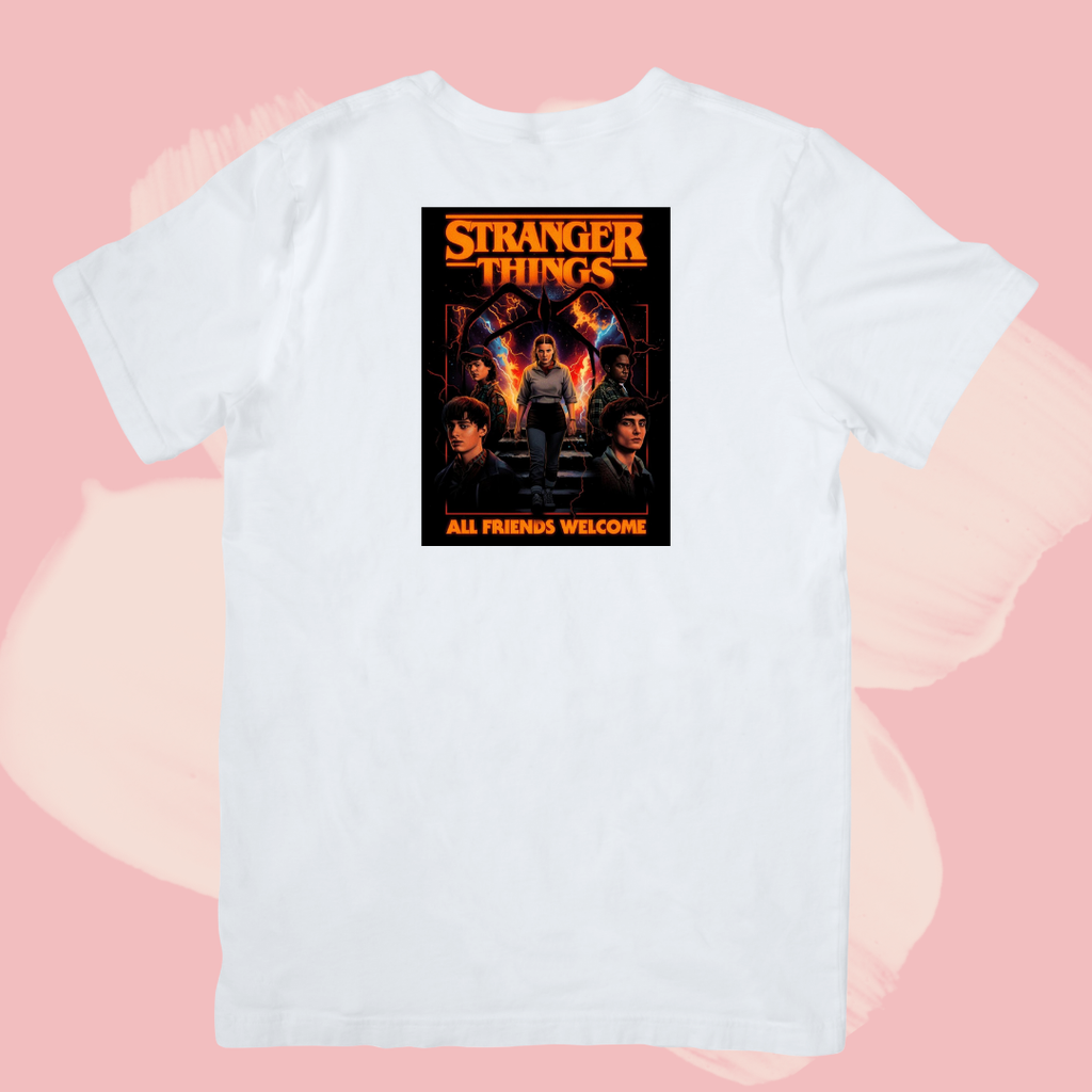 Biały T-shirt oversize bawełniany z nadrukiem stranger things
