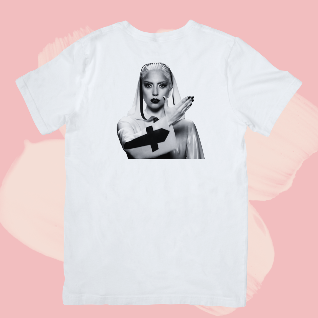 Biały T-shirt oversize bawełniany z nadrukiem lady gaga