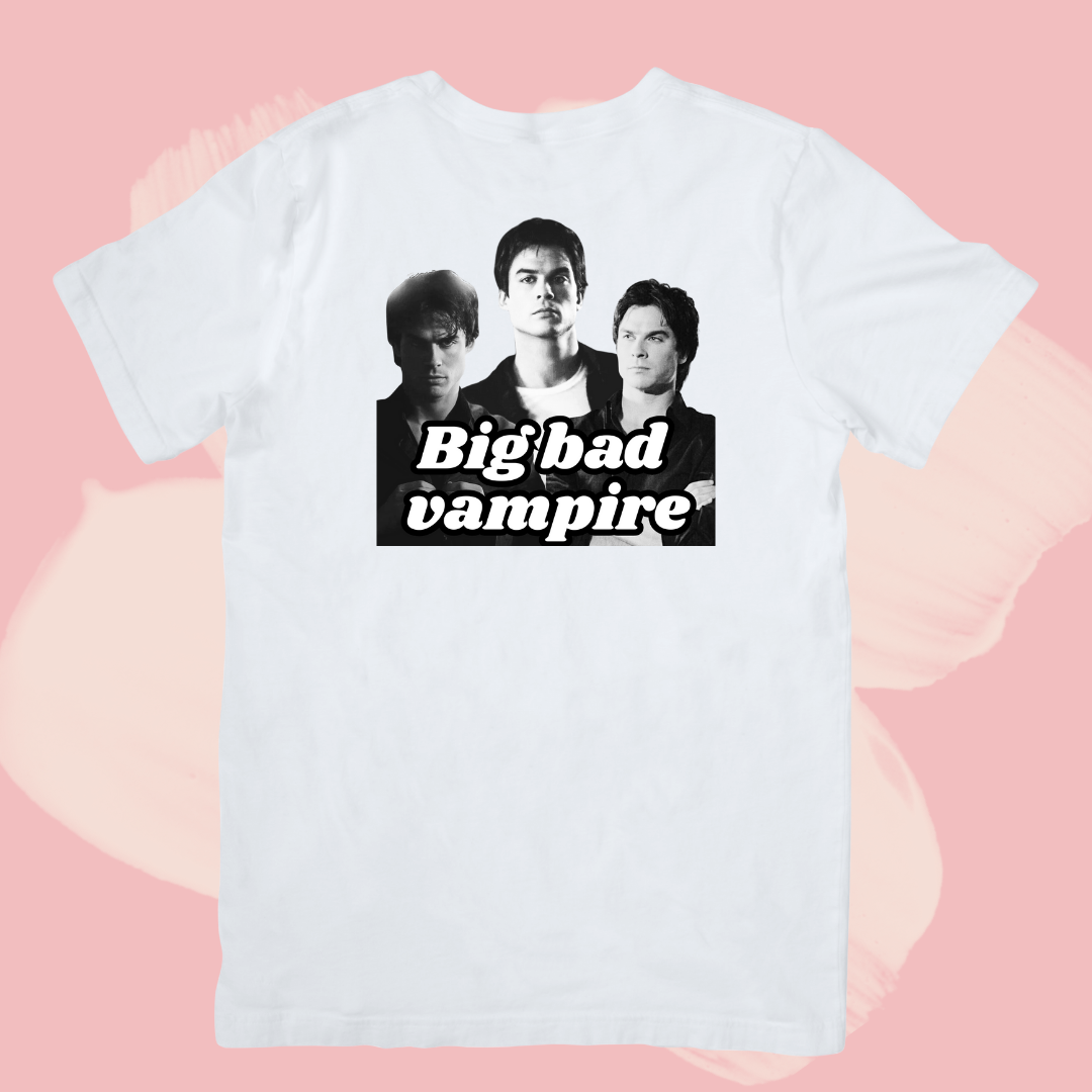 Biały T-shirt oversize bawełniany z nadrukiem damon salvatore pamiętniki wampirów the vampire diaries