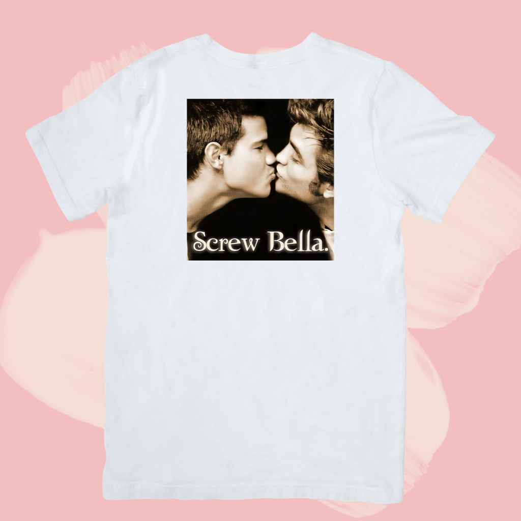 Biały T-shirt oversize bawełniany z nadrukiem screw bella edward cullen i jacob black zmierzch twilight