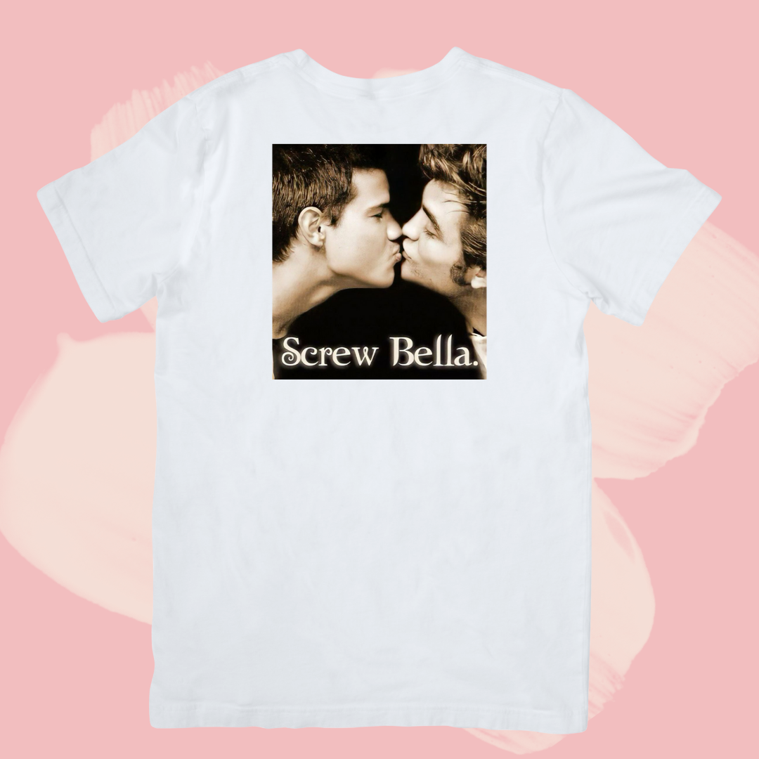 Biały T-shirt oversize bawełniany z nadrukiem screw bella edward cullen i jacob black zmierzch twilight