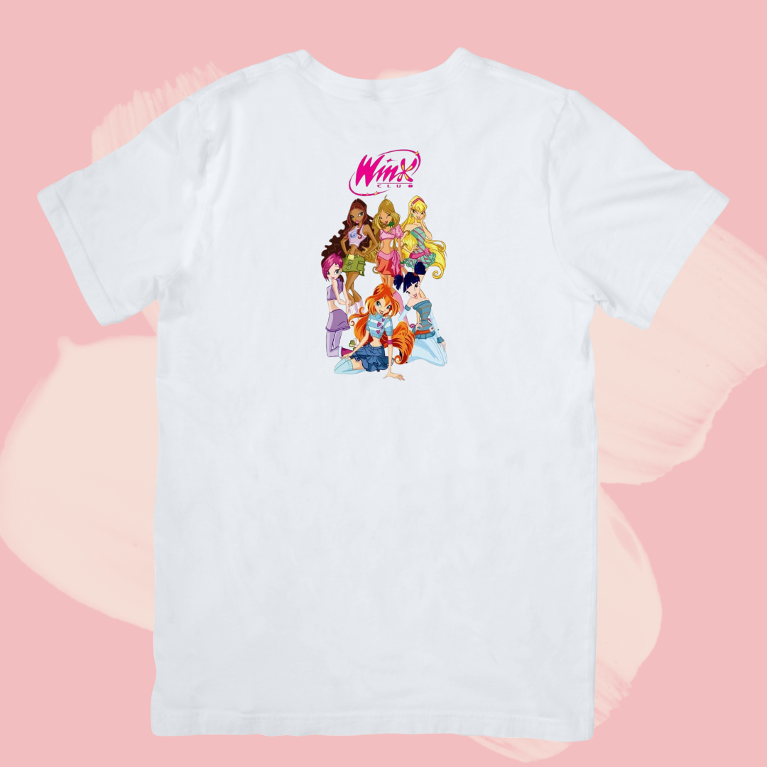 Biały T-shirt oversize bawełniany z nadrukiem bajka winx club 00s