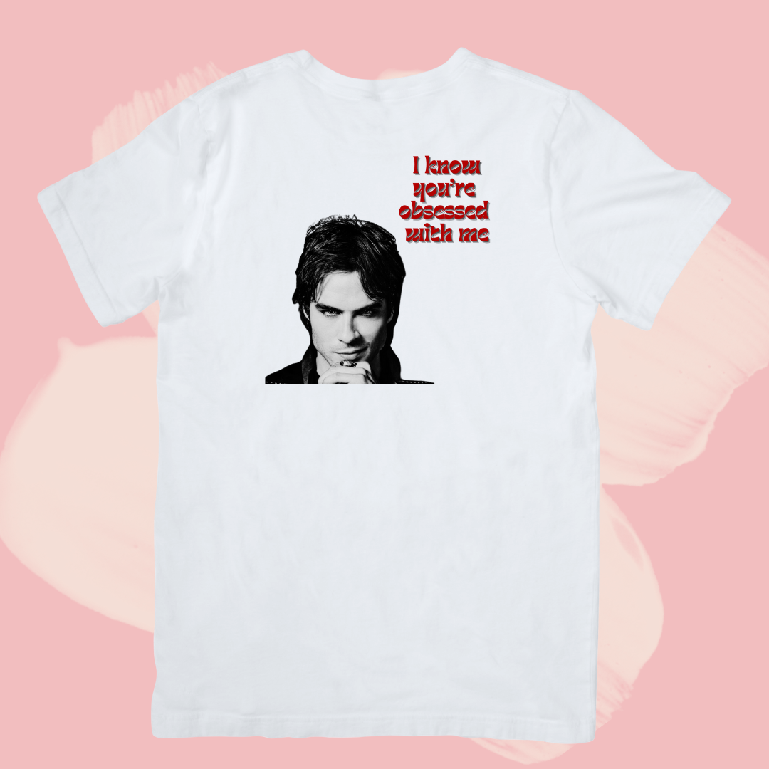Biały T-shirt oversize bawełniany z nadrukiem damon salvatore pamiętniki wampirów the vampire diaries
