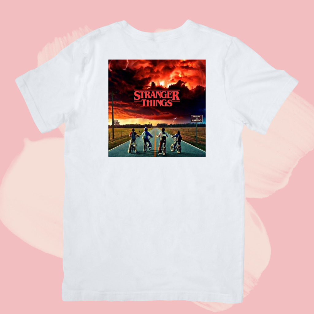 Biały T-shirt oversize bawełniany z nadrukiem stranger things