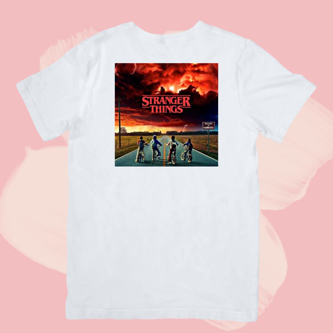 Biały T-shirt oversize bawełniany z nadrukiem stranger things