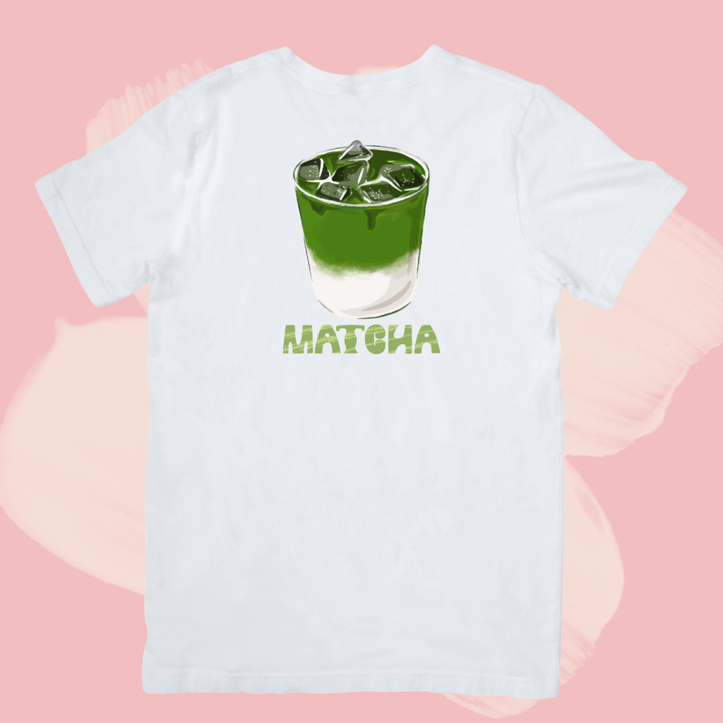 Biały T-shirt oversize bawełniany z nadrukiem matcha