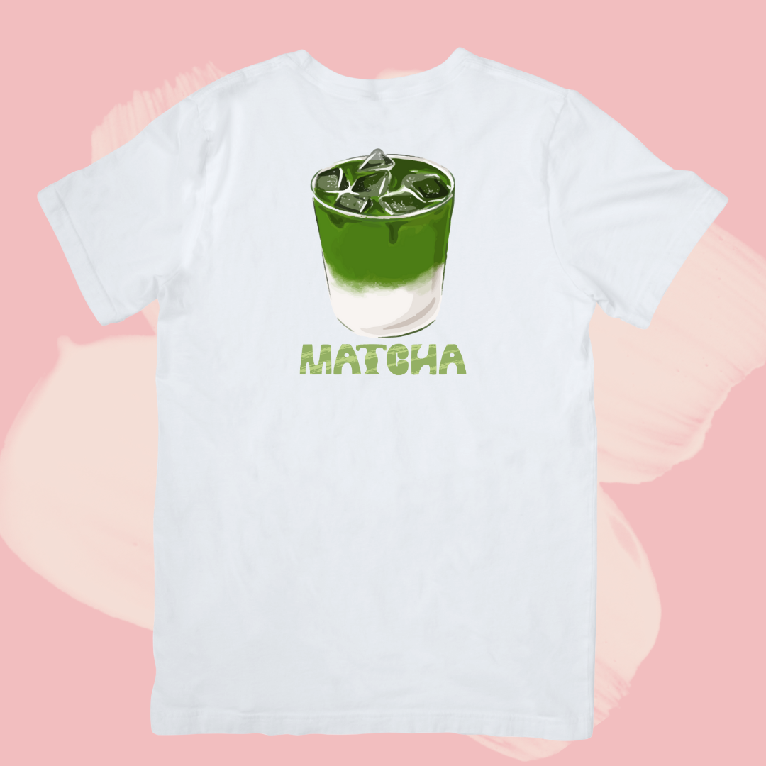 Biały T-shirt oversize bawełniany z nadrukiem matcha