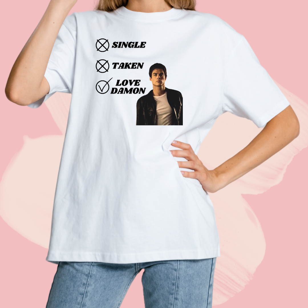 Biały T-shirt oversize bawełniany z nadrukiem love damon salvatore pamiętniki wampirów the vampire diaries