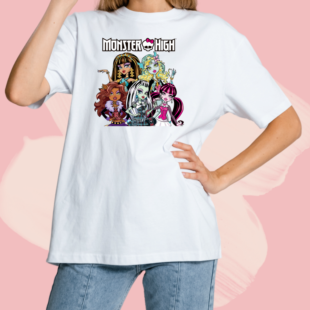 Biały T-shirt oversize bawełniany z nadrukiem bajka monster high