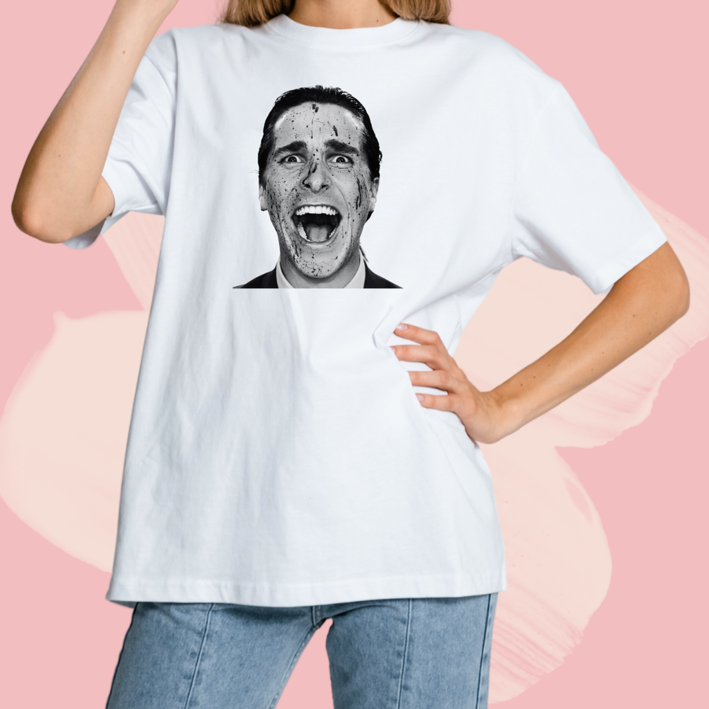Biały T-shirt oversize bawełniany z nadrukiem american psycho patrick bateman