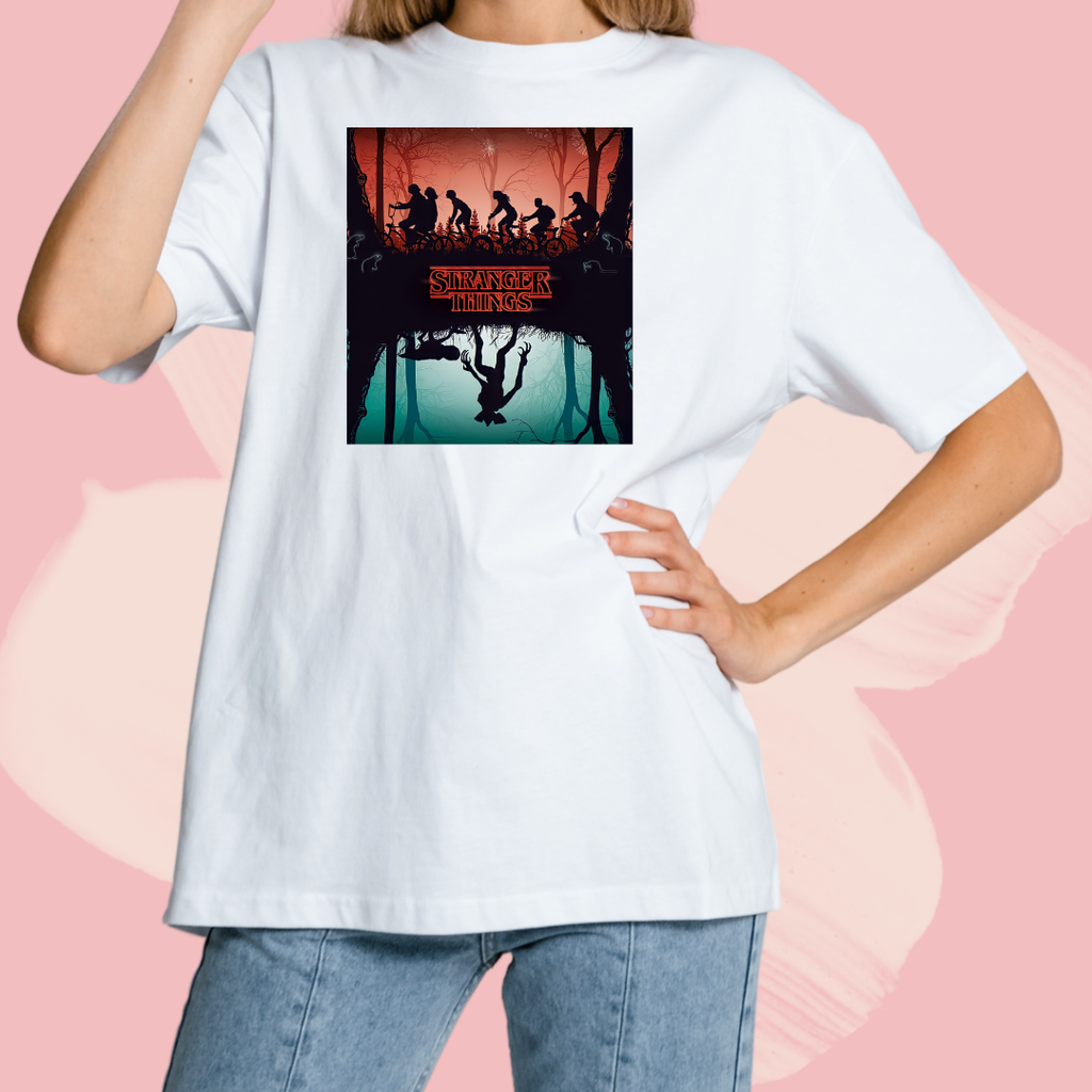 Biały T-shirt oversize bawełniany z nadrukiem stranger things