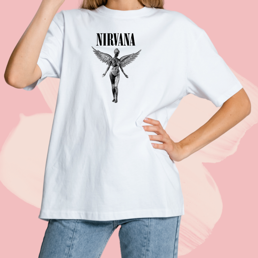 Biały T-shirt oversize bawełniany z nadrukiem nirvana