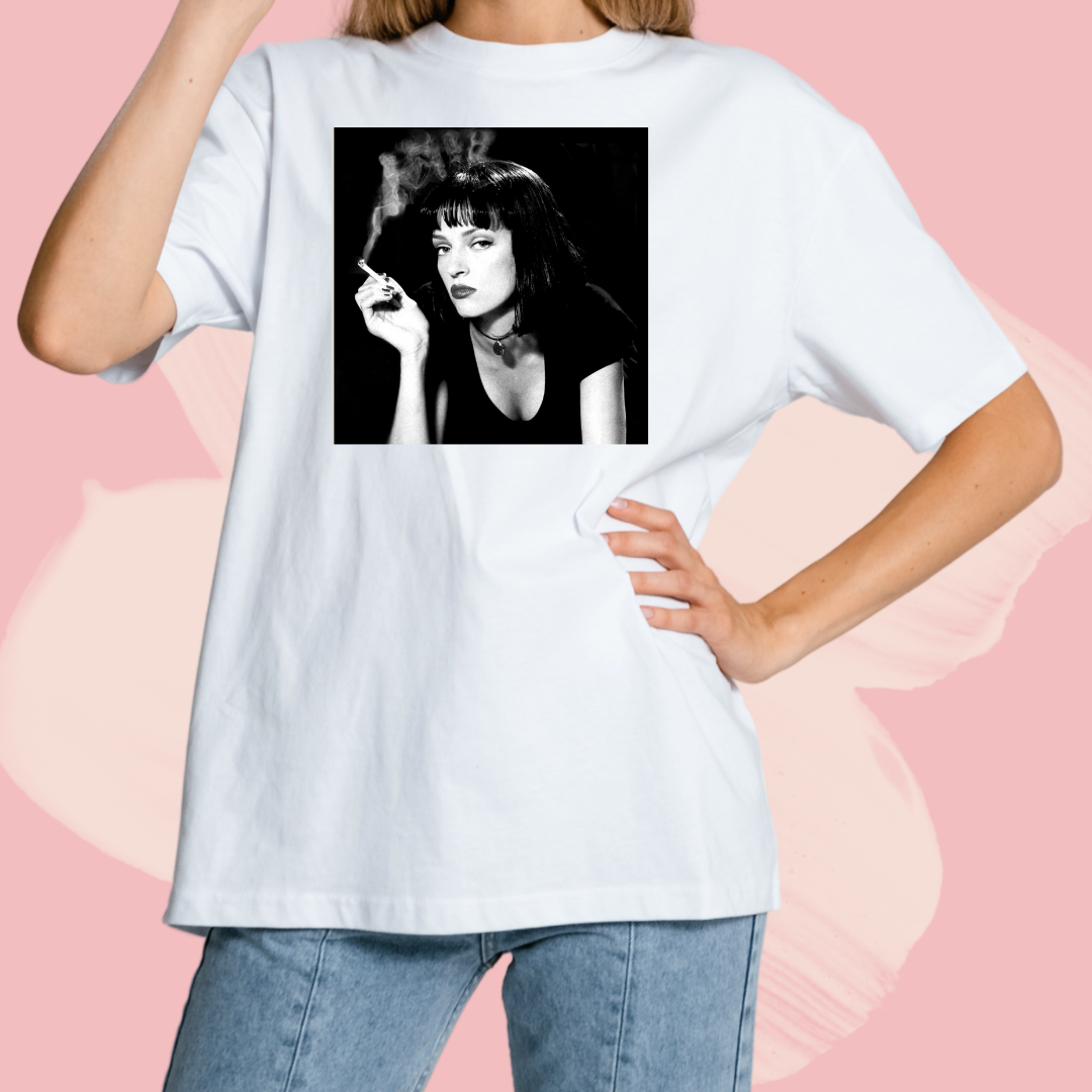Biały T-shirt oversize bawełniany z nadrukiem mia wallace pulp fiction