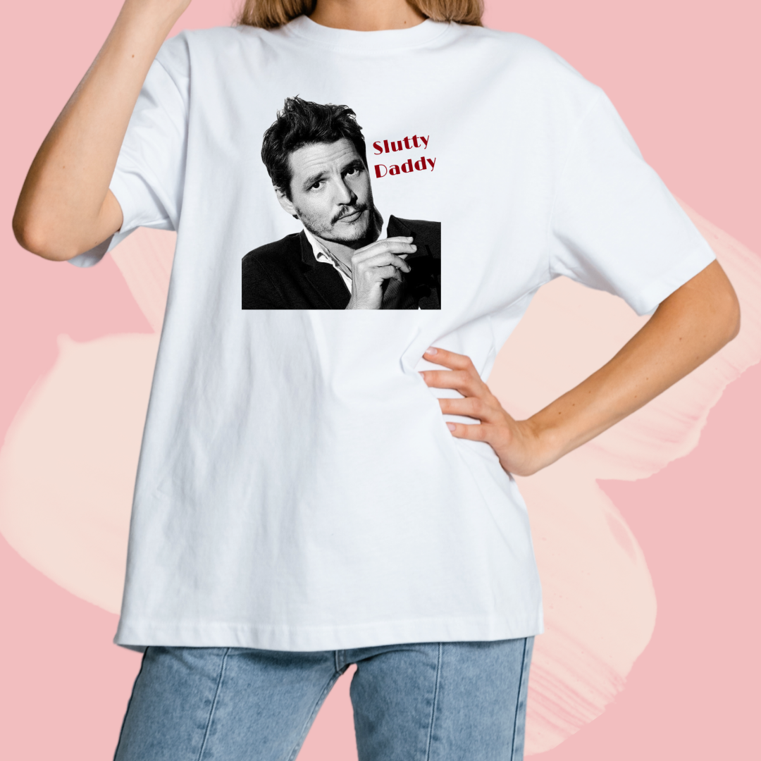 Biały T-shirt oversize bawełniany z nadrukiem pedro pascal slutty daddy