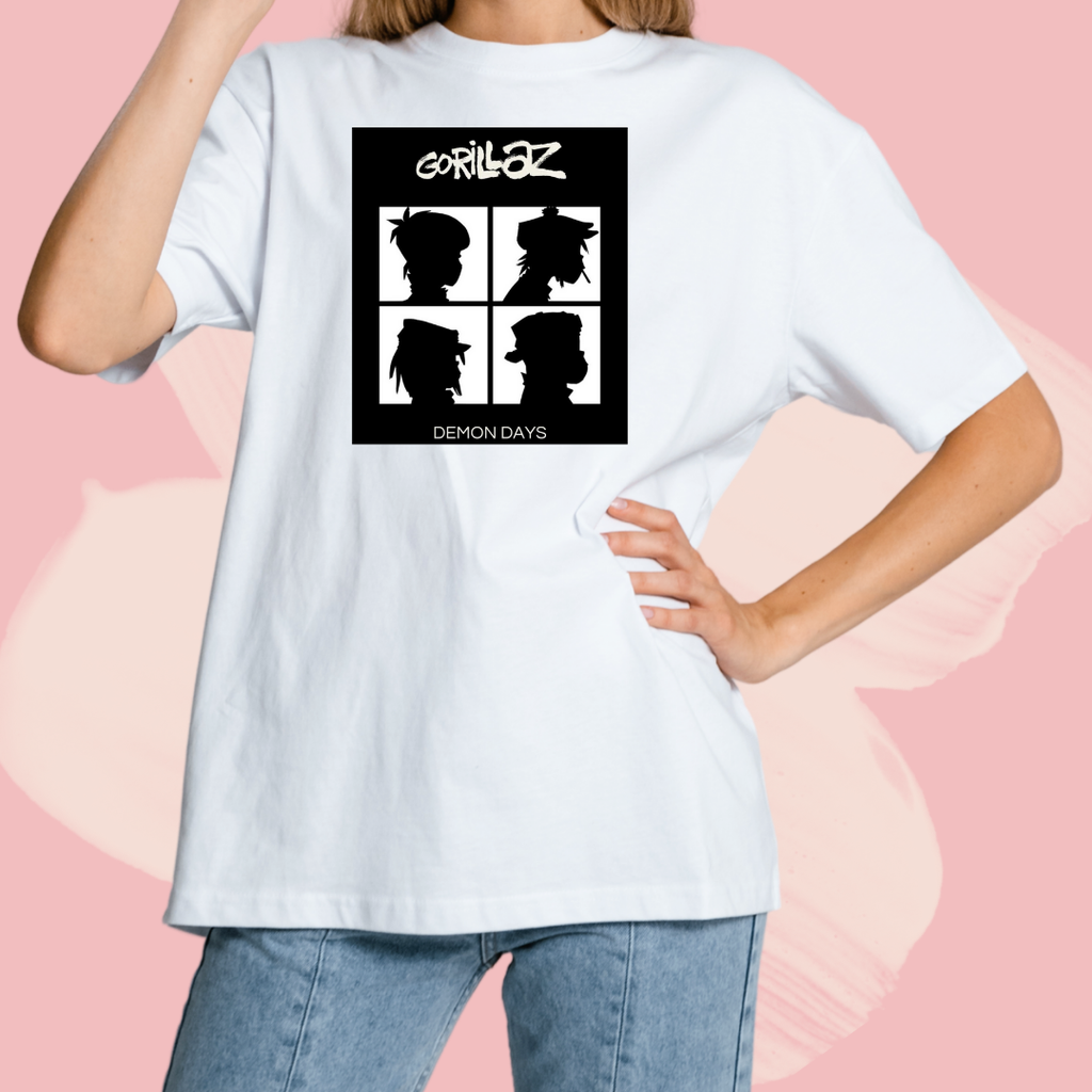 Biały T-shirt oversize bawełniany z nadrukiem gorillaz zespół