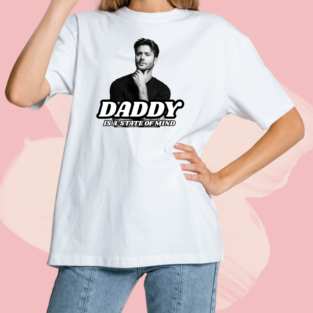Biały T-shirt oversize bawełniany z nadrukiem jensen ackles daddy