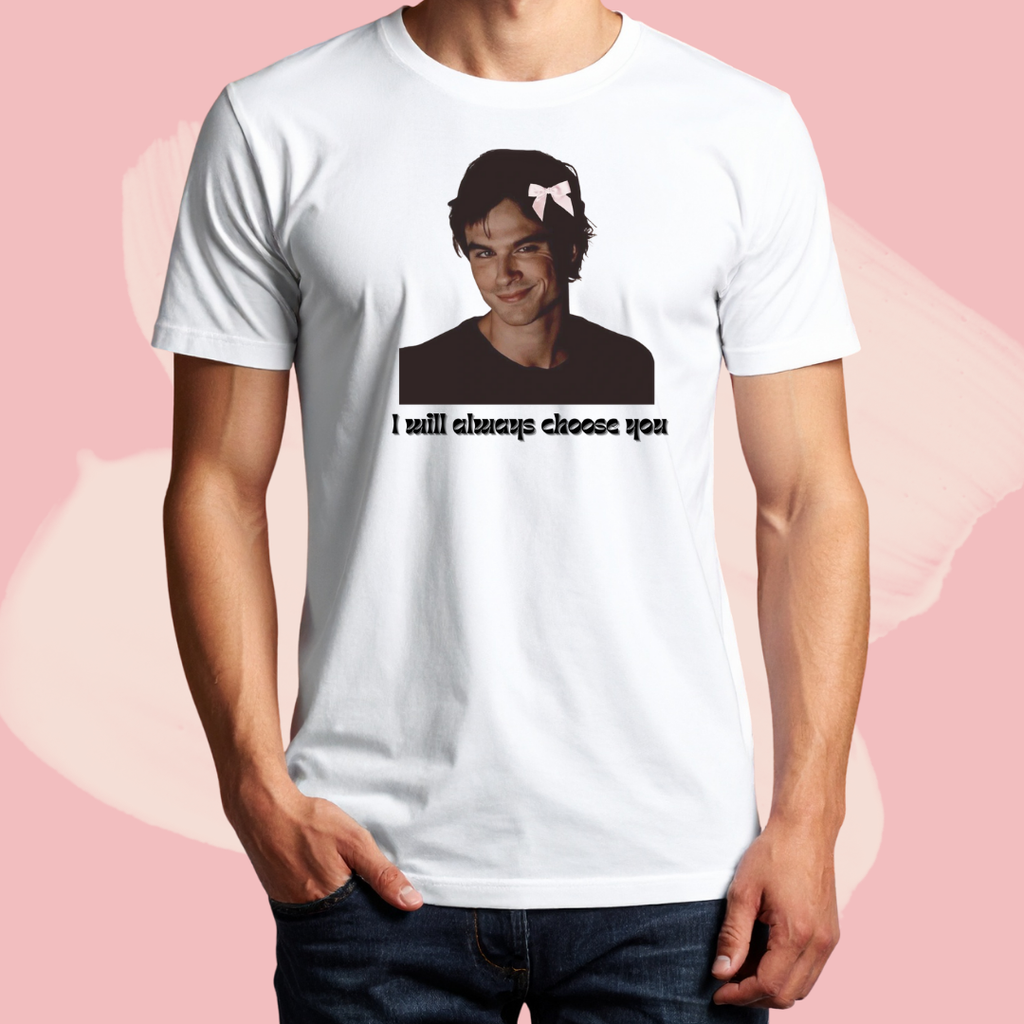 Biały T-shirt oversize bawełniany z nadrukiem damon salvatore pamiętniki wampirów the vampire diaries