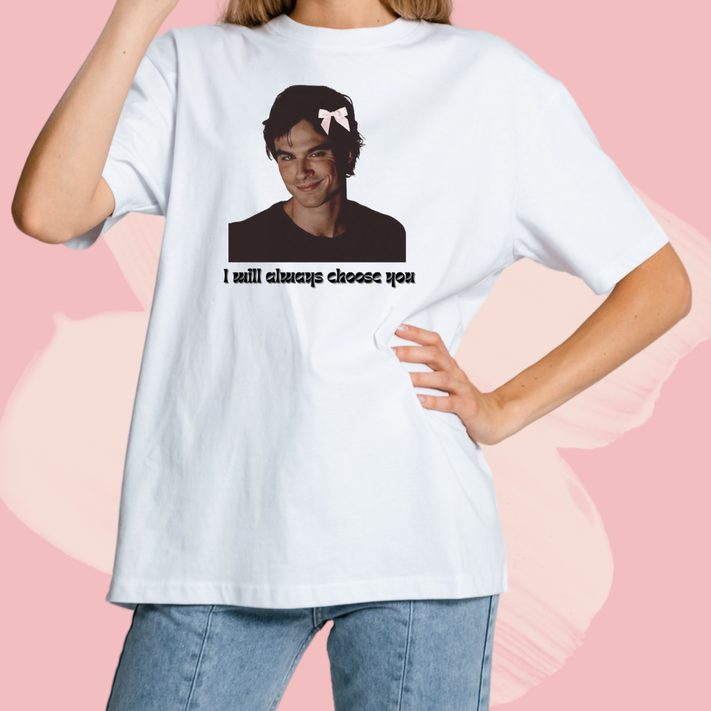 Biały T-shirt oversize bawełniany z nadrukiem damon salvatore pamiętniki wampirów the vampire diaries