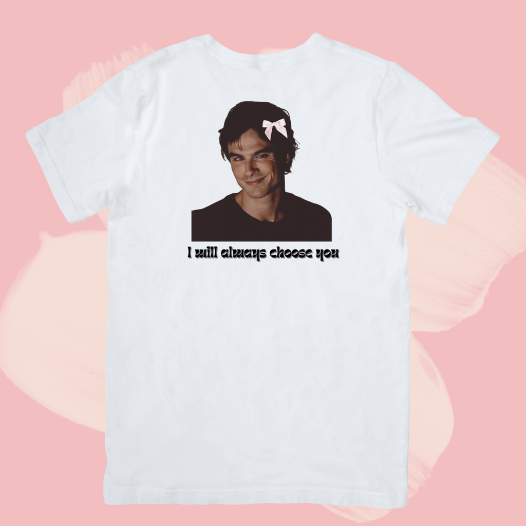 Biały T-shirt oversize bawełniany z nadrukiem damon salvatore pamiętniki wampirów the vampire diaries