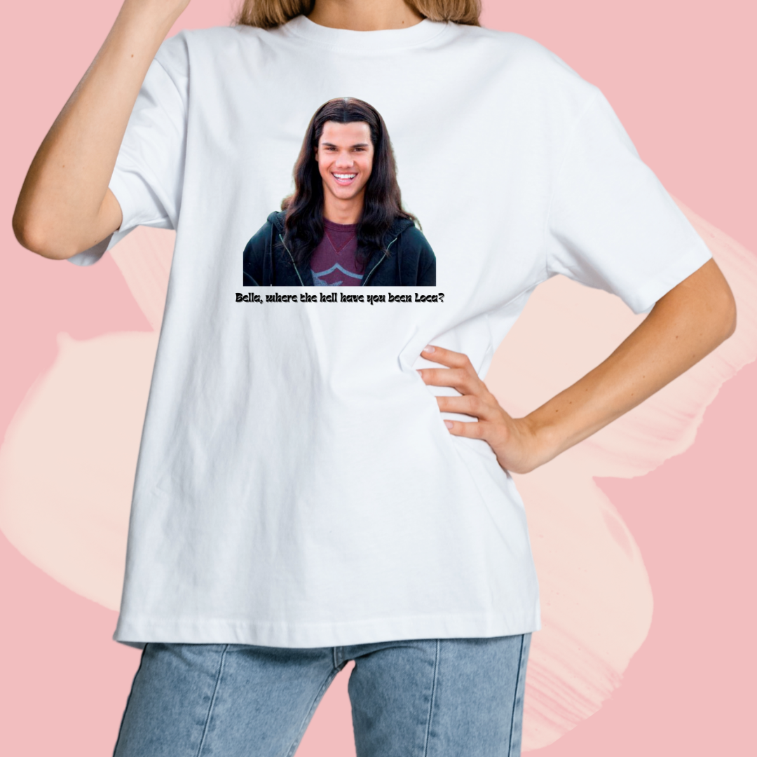 Biały T-shirt oversize bawełniany z nadrukiem jacob black zmierzch twilight