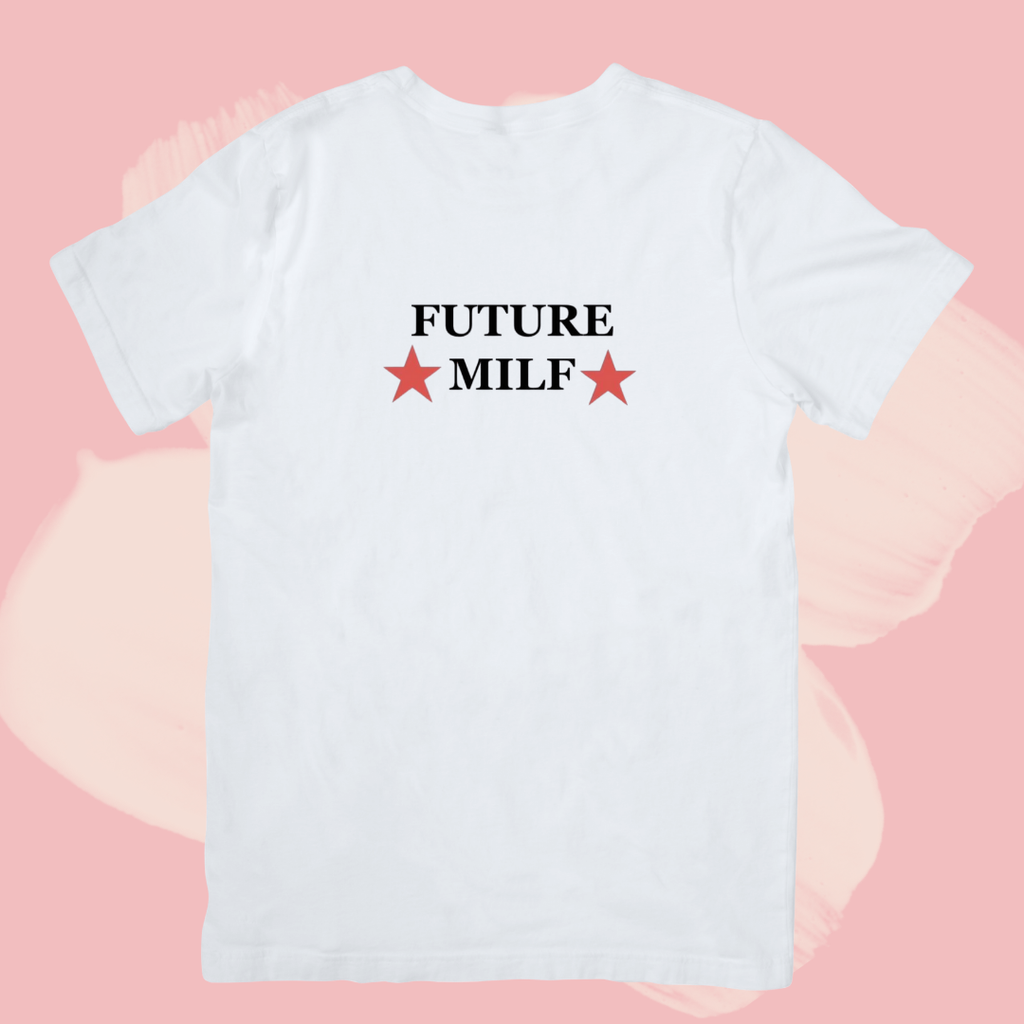Biały T-shirt oversize bawełniany z nadrukiem future milf śmieszny napis