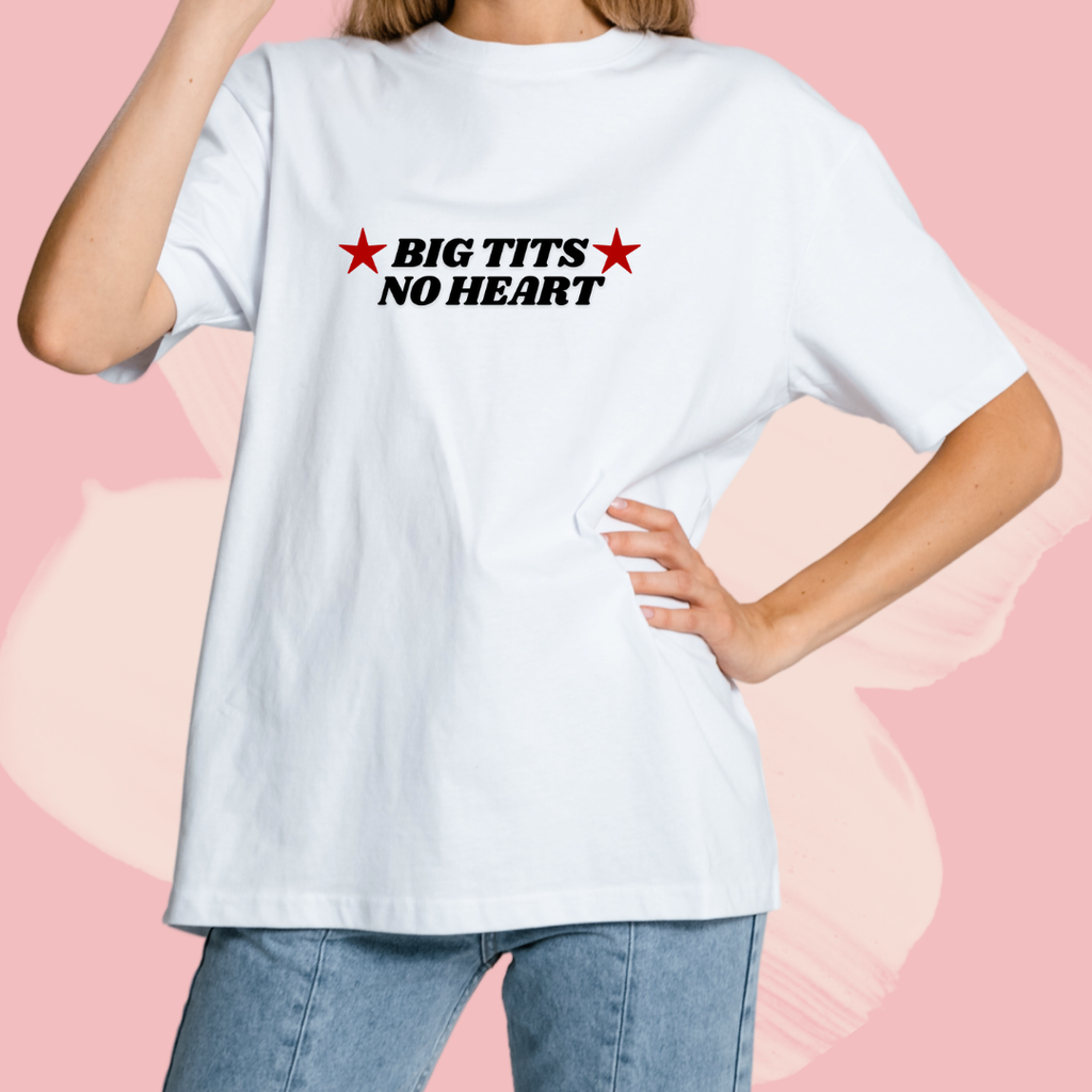 Biały T-shirt oversize bawełniany z nadrukiem big tits no heart