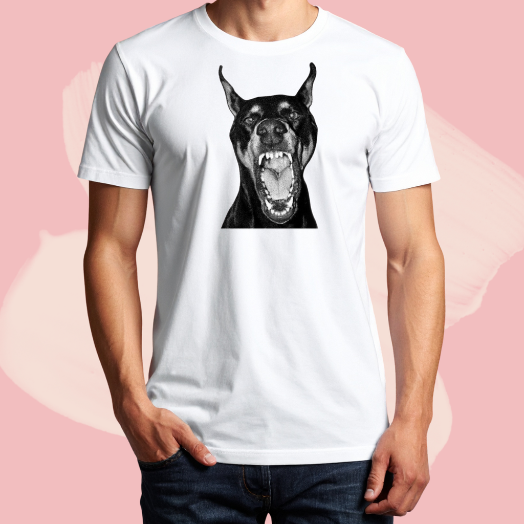Biały T-shirt oversize bawełniany z nadrukiem doberman