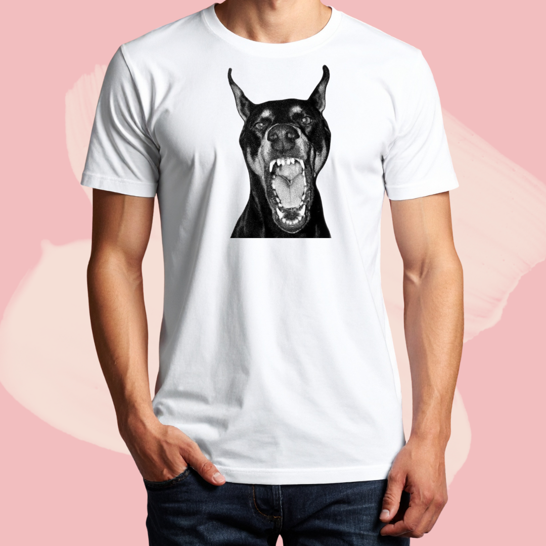 Biały T-shirt oversize bawełniany z nadrukiem doberman