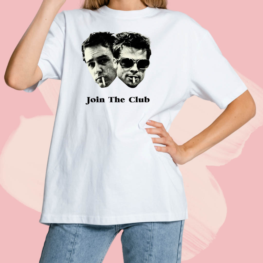 Biały T-shirt oversize bawełniany z nadrukiem podziemny krąg join the club fight club
