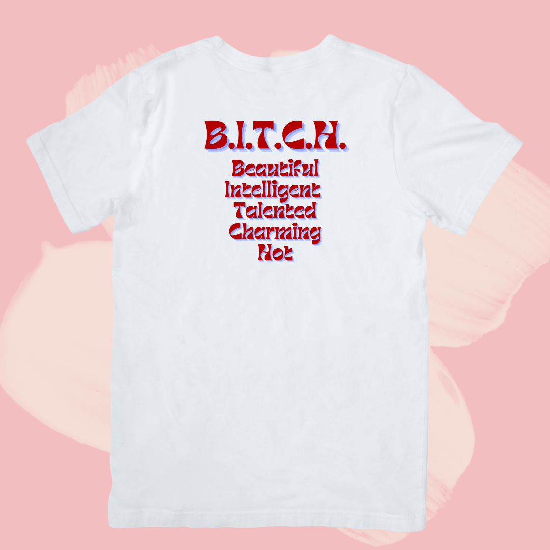 Biały T-shirt oversize bawełniany z nadrukiem B.I.T.C.H. śmieszny napis