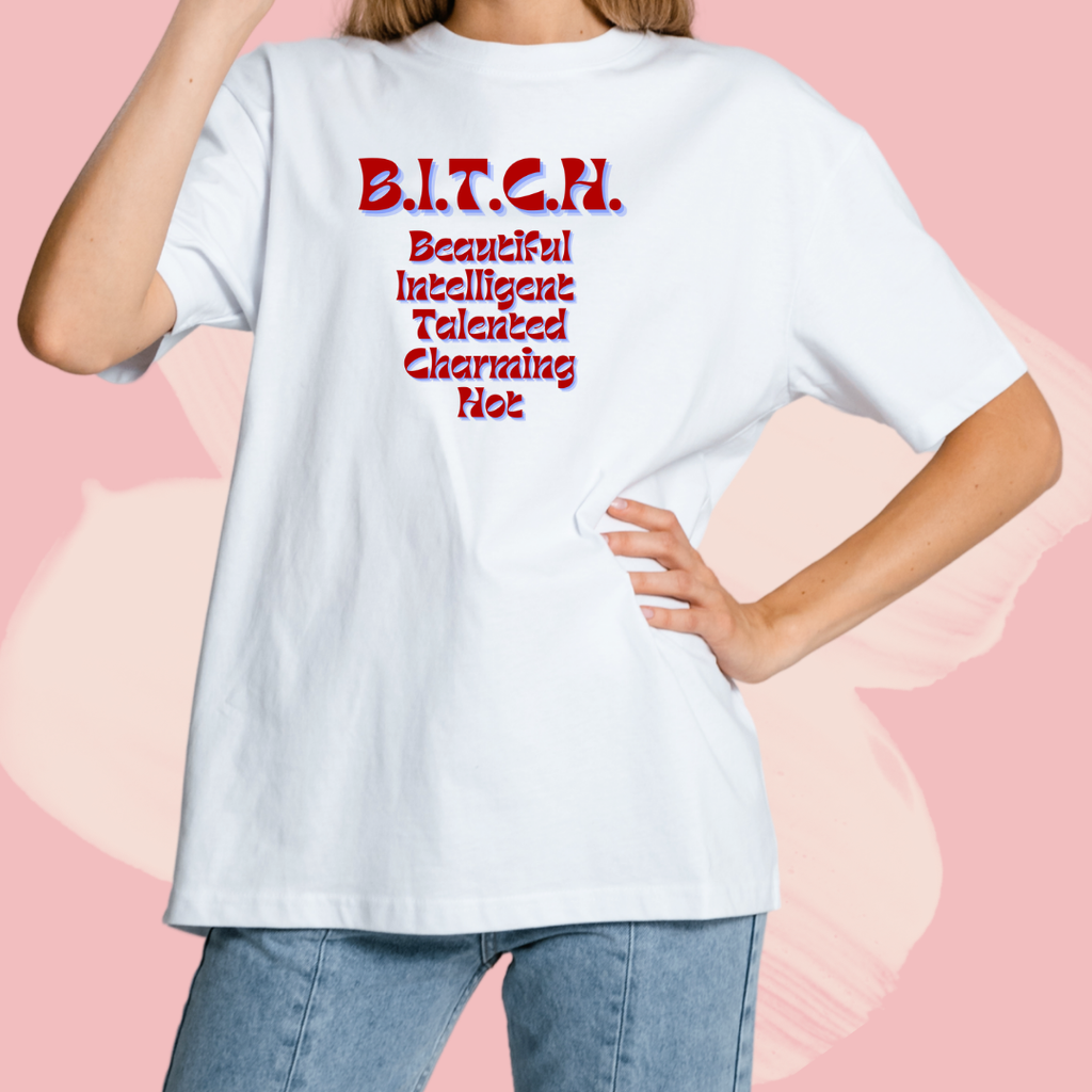 Biały T-shirt oversize bawełniany z nadrukiem B.I.T.C.H. śmieszny napis
