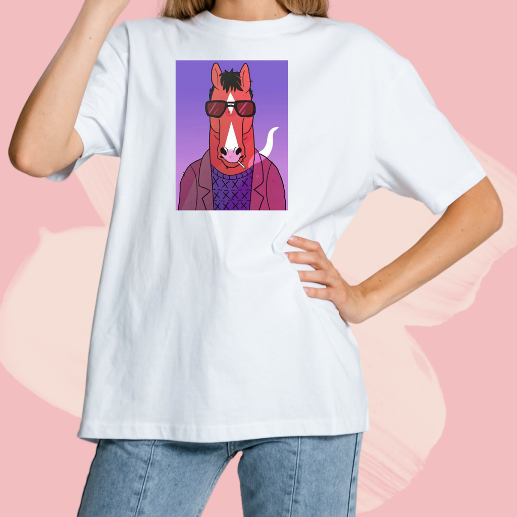 Biały T-shirt oversize bawełniany z nadrukiem bojack horseman
