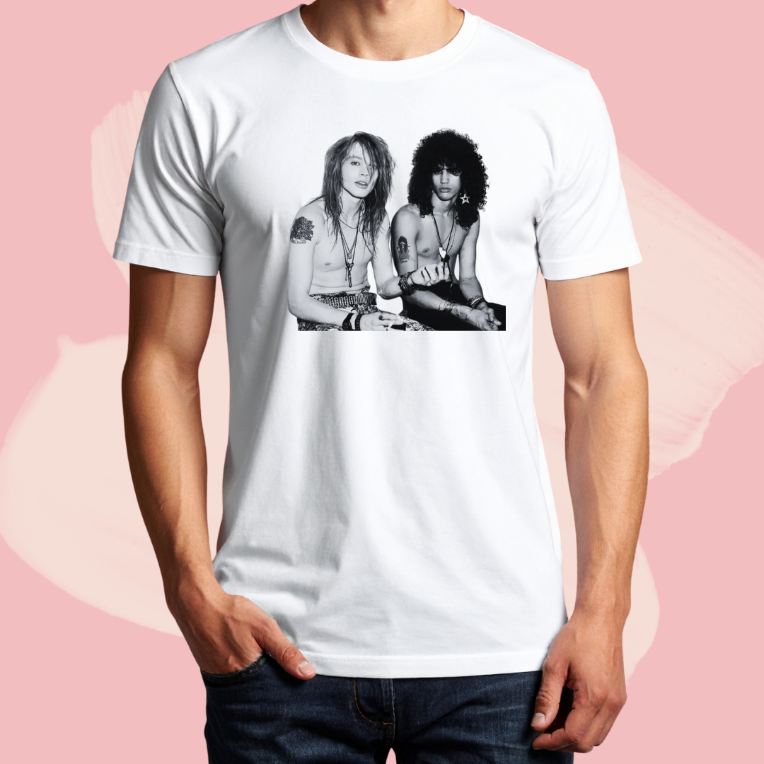 Biały T-shirt oversize bawełniany z nadrukiem axl rose i slash zespół guns'n roses