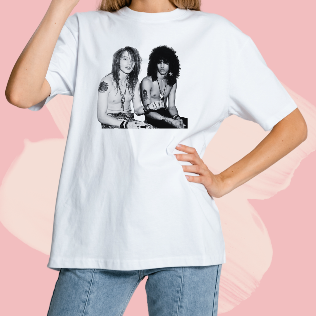 Biały T-shirt oversize bawełniany z nadrukiem axl rose i slash zespół guns'n roses
