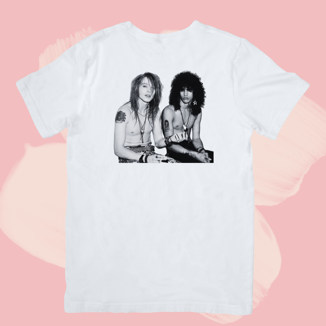 Biały T-shirt oversize bawełniany z nadrukiem axl rose i slash zespół guns'n roses