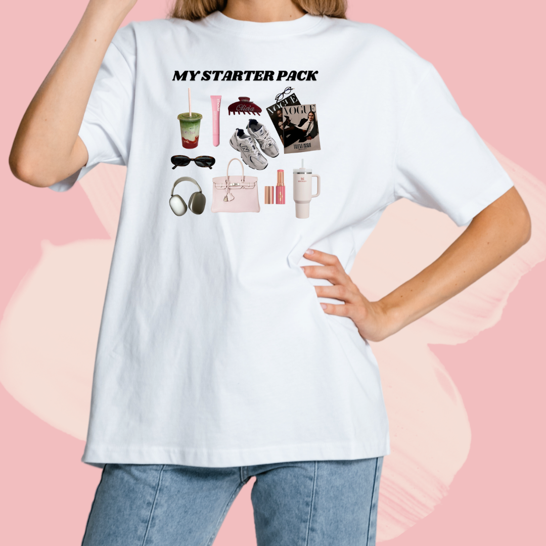 Biały T-shirt oversize bawełniany z nadrukiem my starter pack that girl