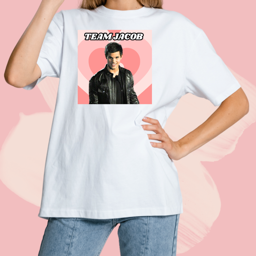 Biały T-shirt oversize bawełniany z nadrukiem team jacob black zmierzch twilight