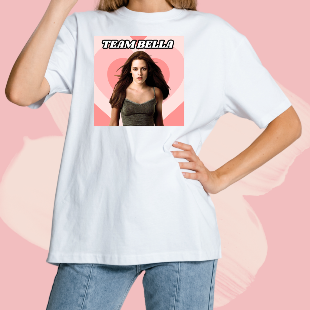 Biały T-shirt oversize bawełniany z nadrukiem team bella swan zmierzch twilight