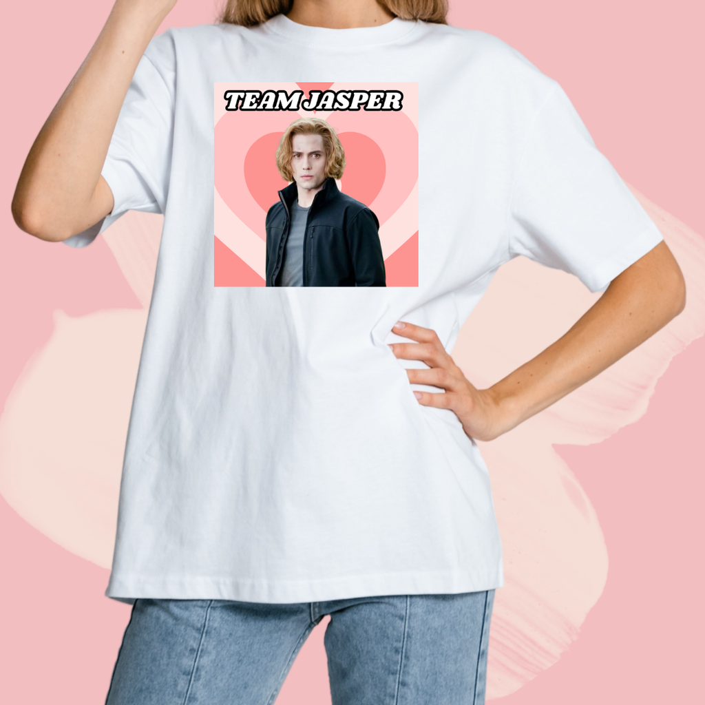 Biały T-shirt oversize bawełniany z nadrukiem team jasper hale zmierzch twilight