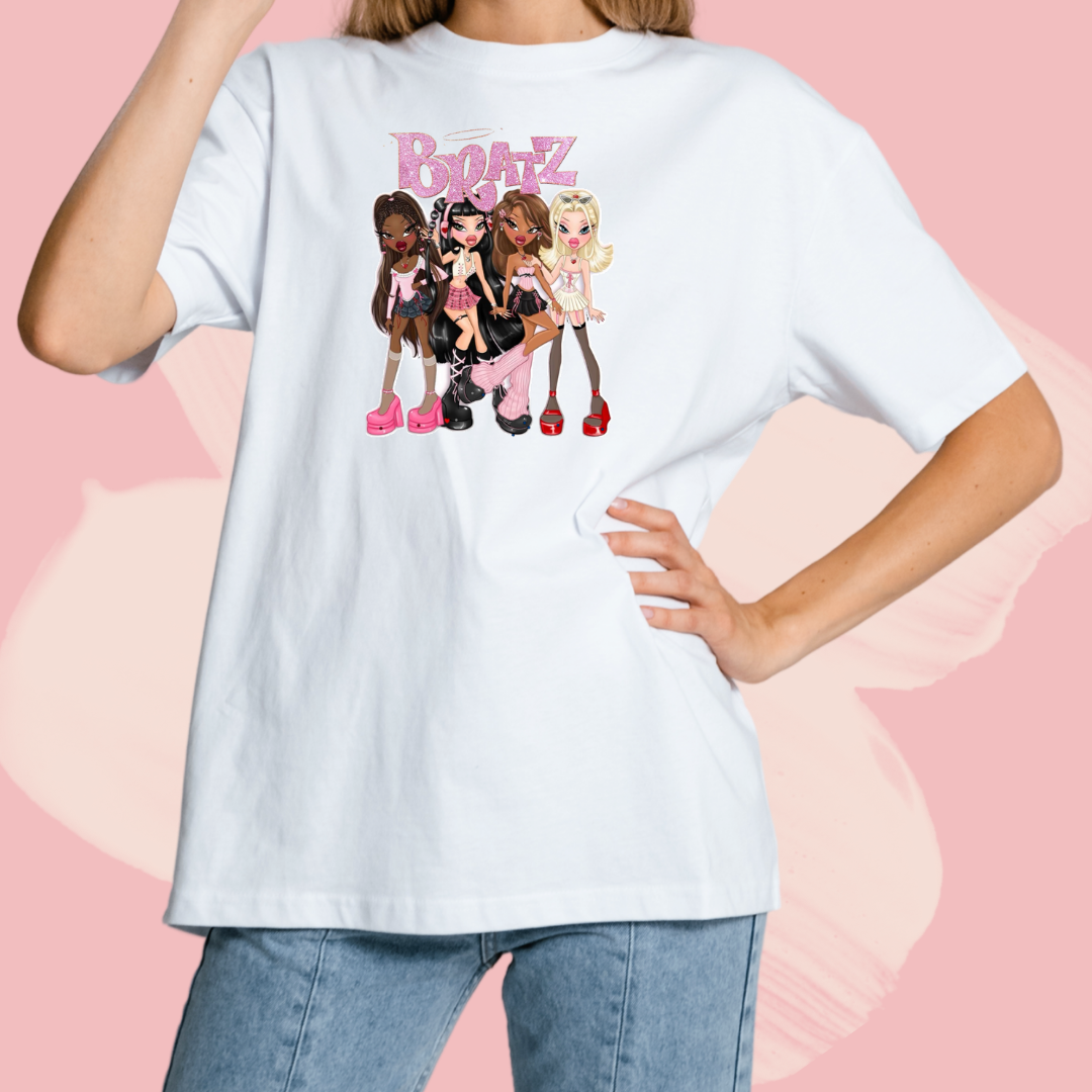 Biały T-shirt oversize bawełniany z nadrukiem bratz