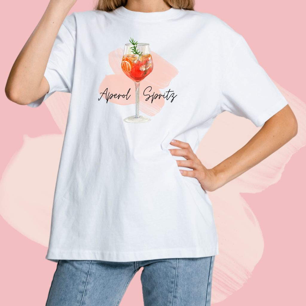 Biały T-shirt oversize bawełniany z nadrukiem drink aperol spritz