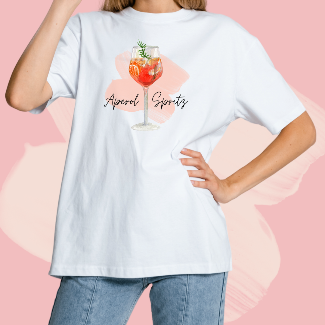 Biały T-shirt oversize bawełniany z nadrukiem drink aperol spritz