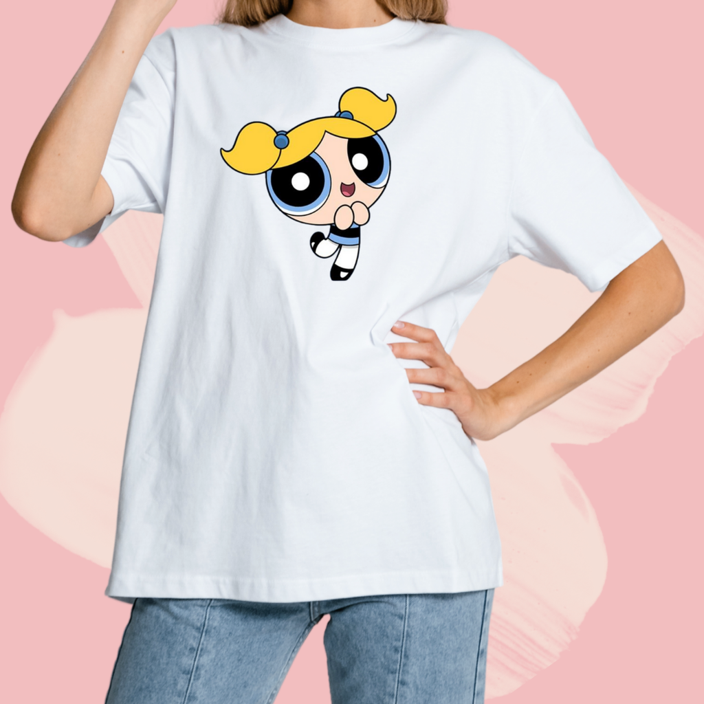 Biały T-shirt oversize bawełniany z nadrukiem atomówki bajka